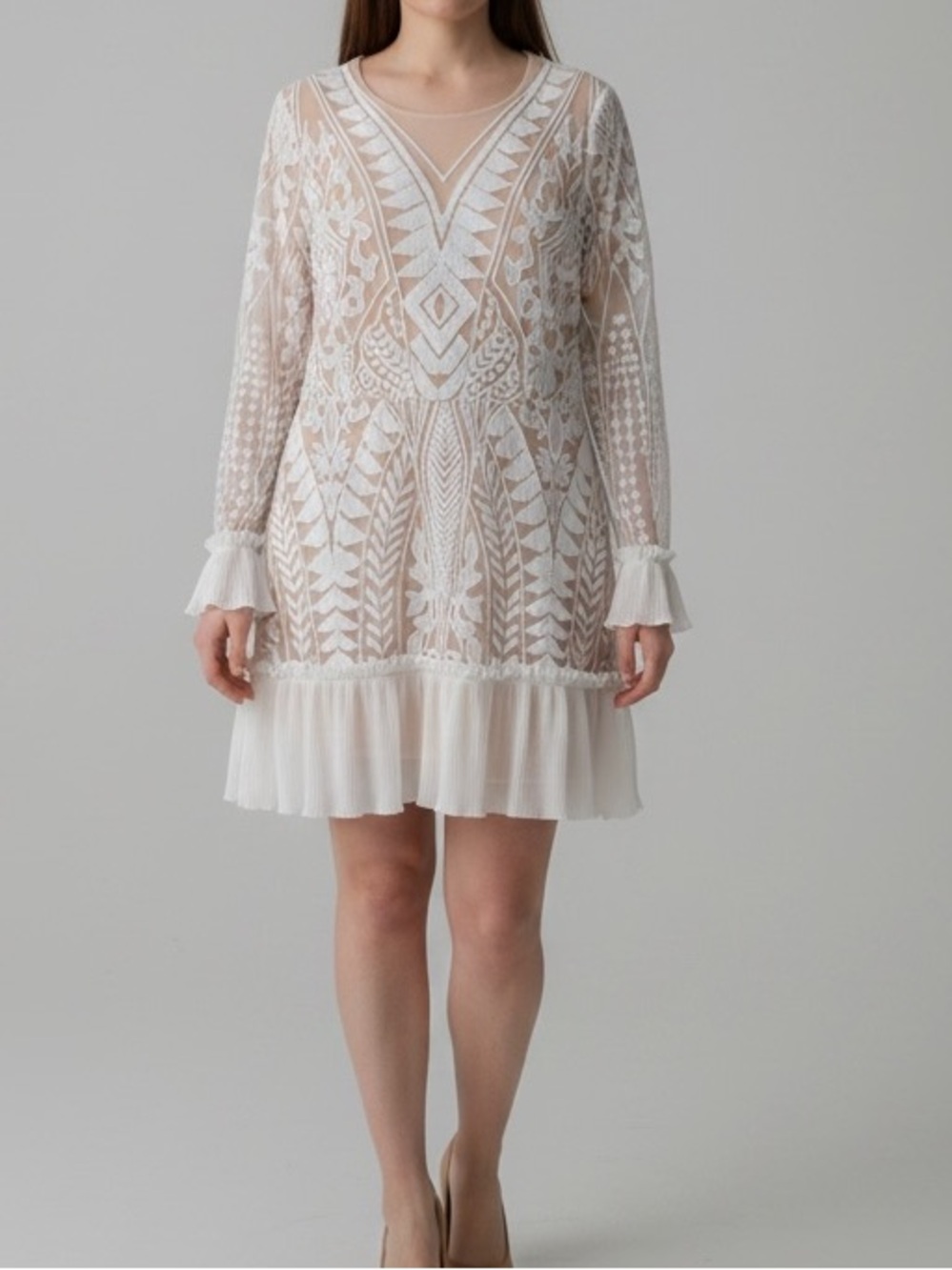 Baevely White Embroidered Boho Lace Mini Dress Size large